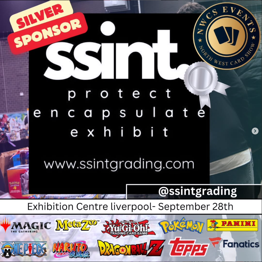 SSINT trading card grading booth at the Liverpool Card Show, offering in-person grading services and showcasing collectible trading cards