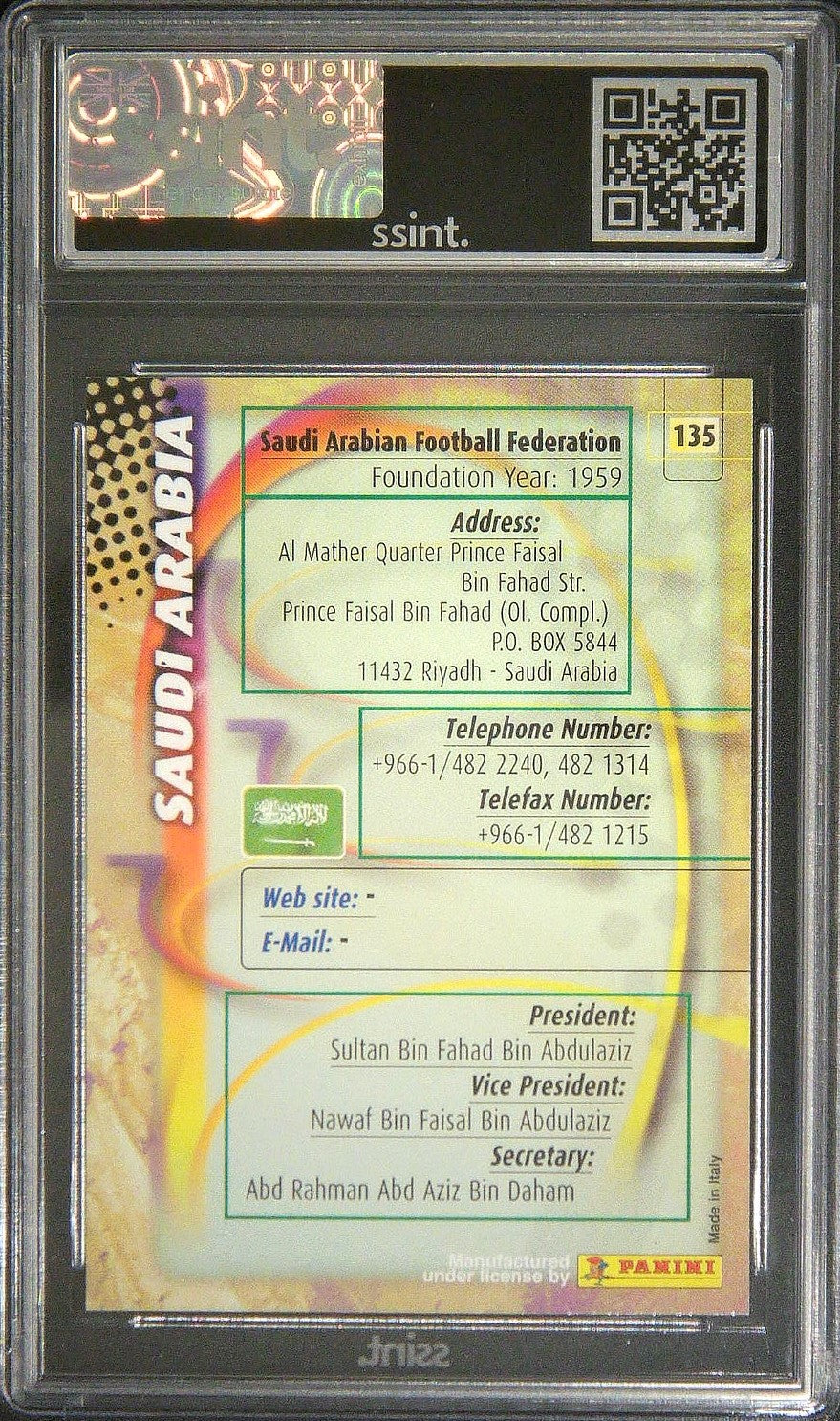 Back view of SSINT graded Saudi Arabian football trading card showing stats and player information