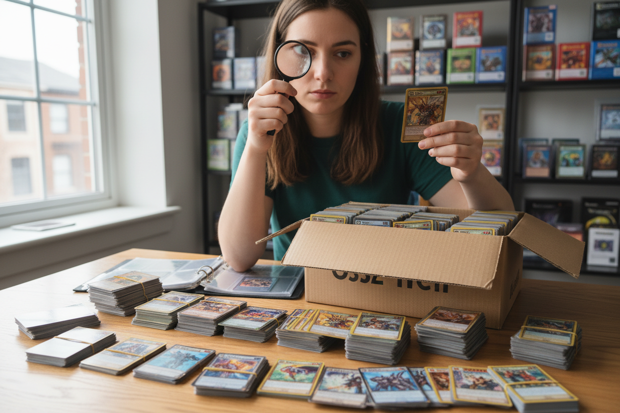 a girl going through a box of trading cards