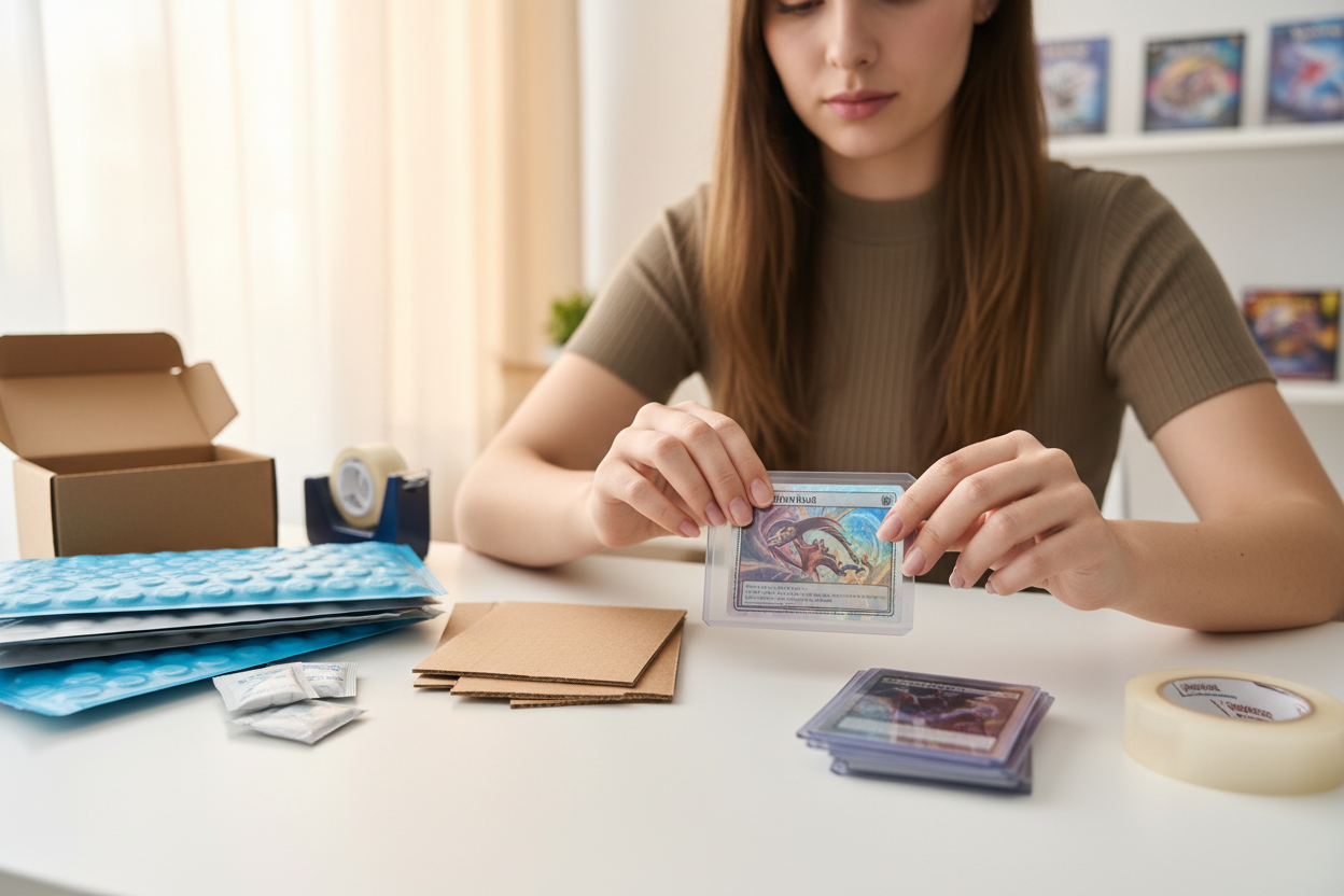 GIRL PACKAGING CARDS SECURELY TO BE SENT FOR GRADING 