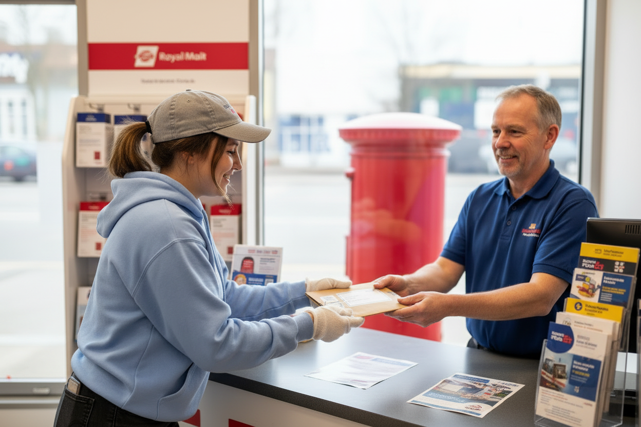 SHOW HER HANDING PACKAGE OVER THE COUNTER