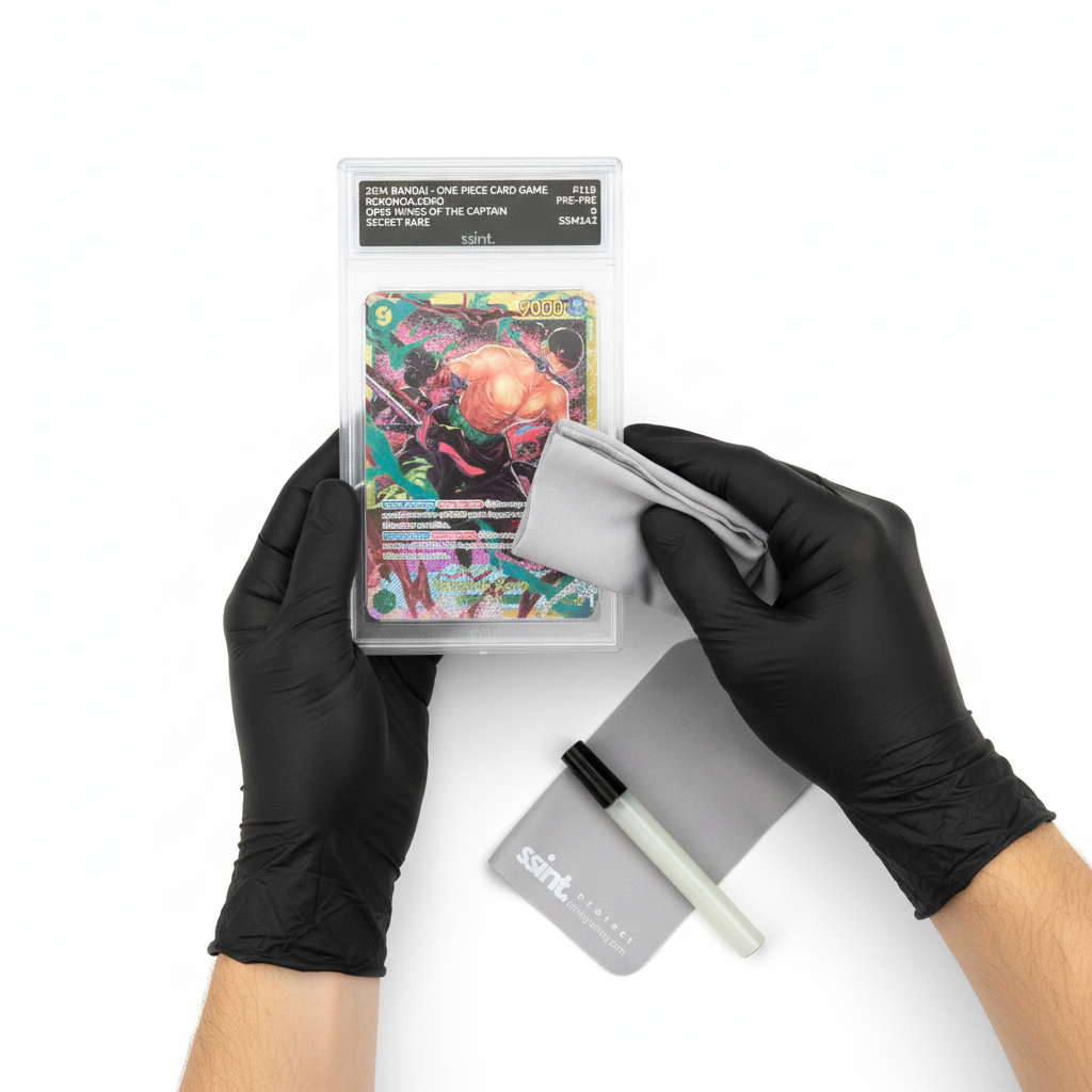 Slab Shine with black gloves cleaning graded card