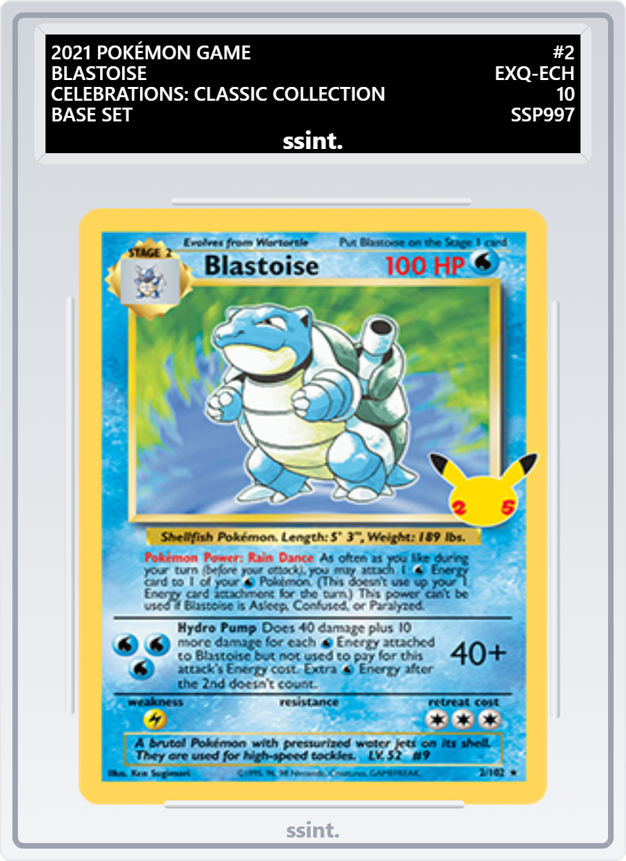 SSINT graded Blastoise Pokémon card, UK trading card grading with laser engraved label.