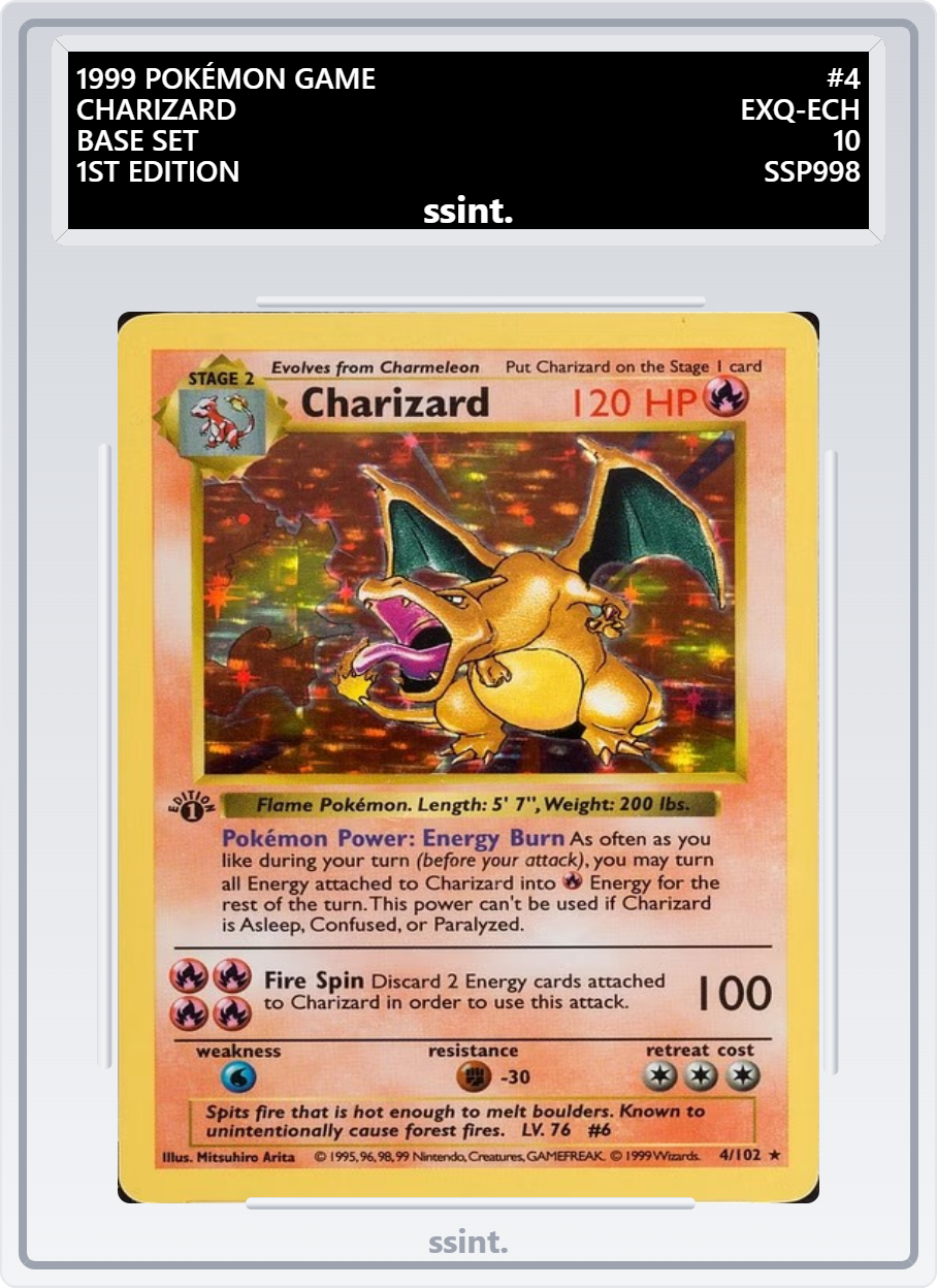 SSINT graded Charizard 1st Edition Pokémon card, UK card grading with laser engraved label and secure slab.