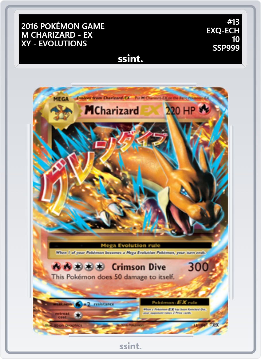 SSINT graded Mega Charizard Pokémon card, UK card grading with laser engraved label and secure slab.