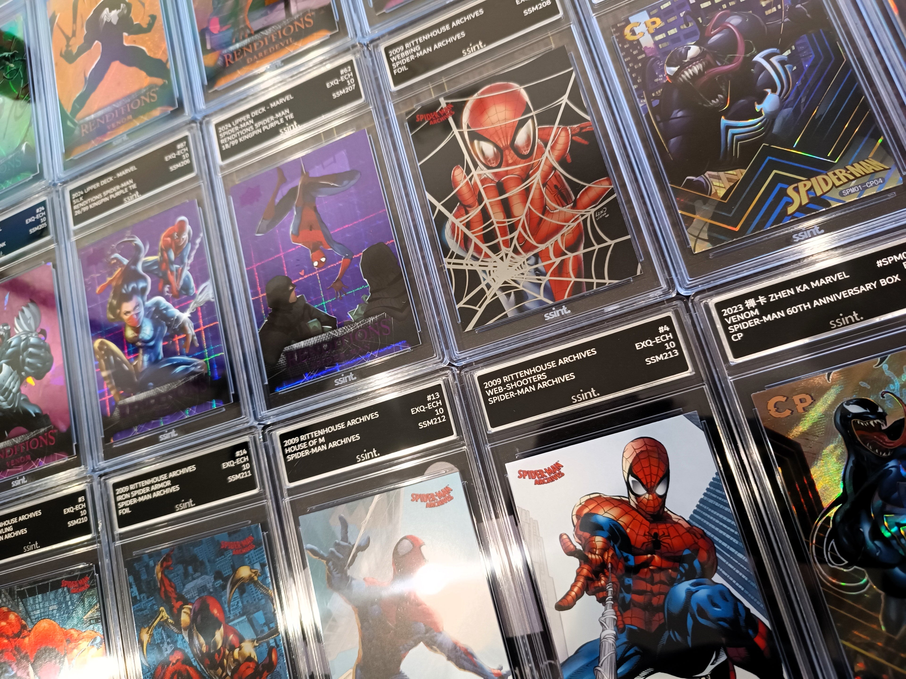 Collage of trading cards graded by SSINT, including Pokémon, Kayou, Panini and more, featuring custom aluminium labels and secure cases