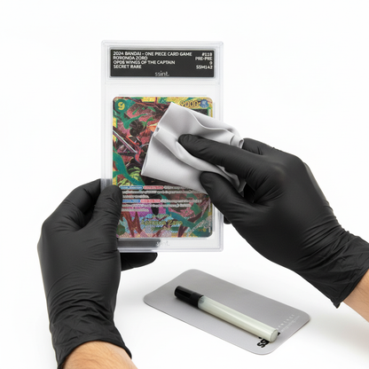 Wiping graded card with microfiber cloth